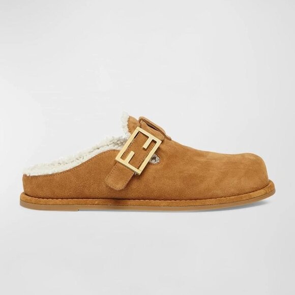 FENDI Feel FF Shearling  Buckled Sabots Mules Slides Flat Clog Sandals - Picture 4 of 16